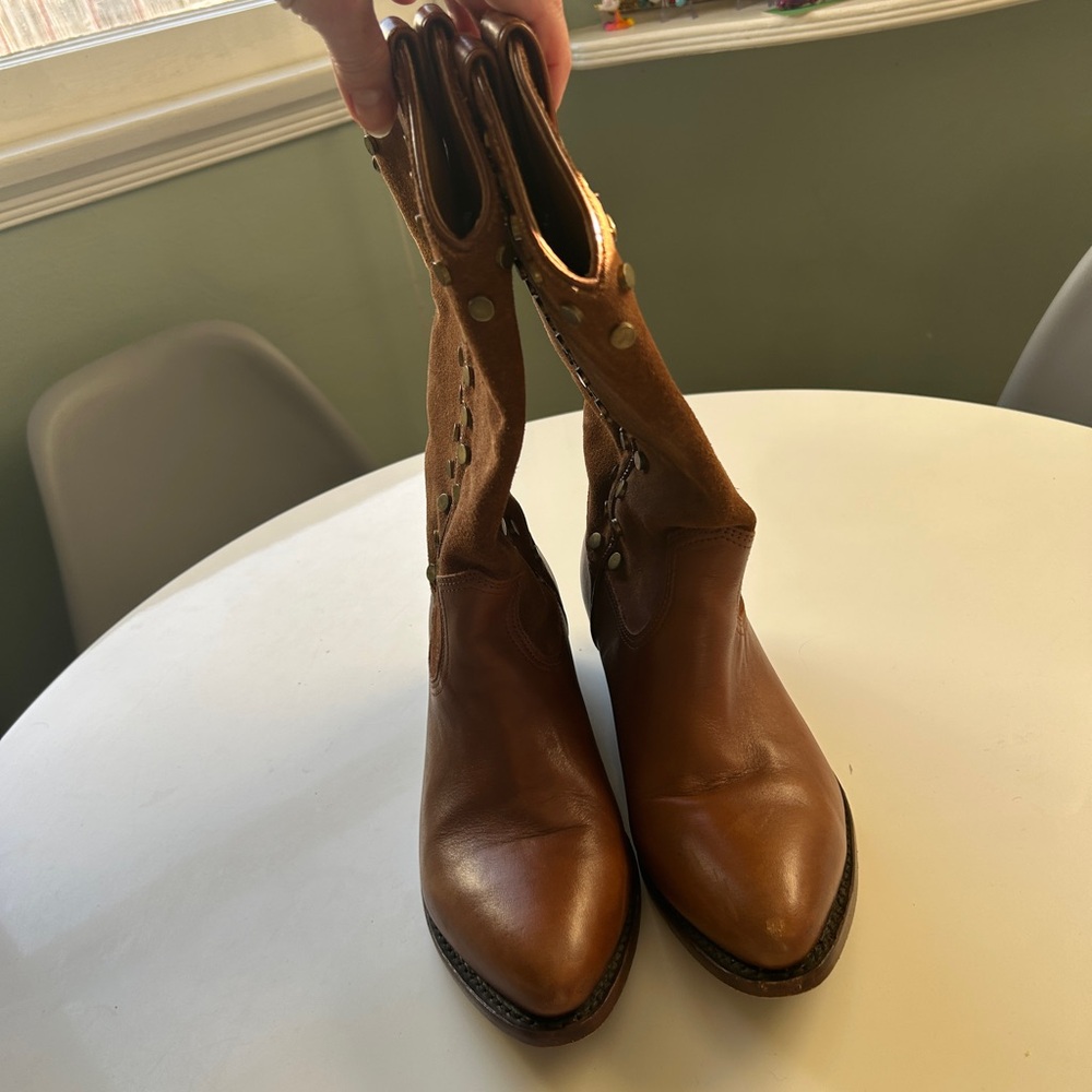 Frye Brown Heeled Boots with Stud Accents - Picture 3 of 7